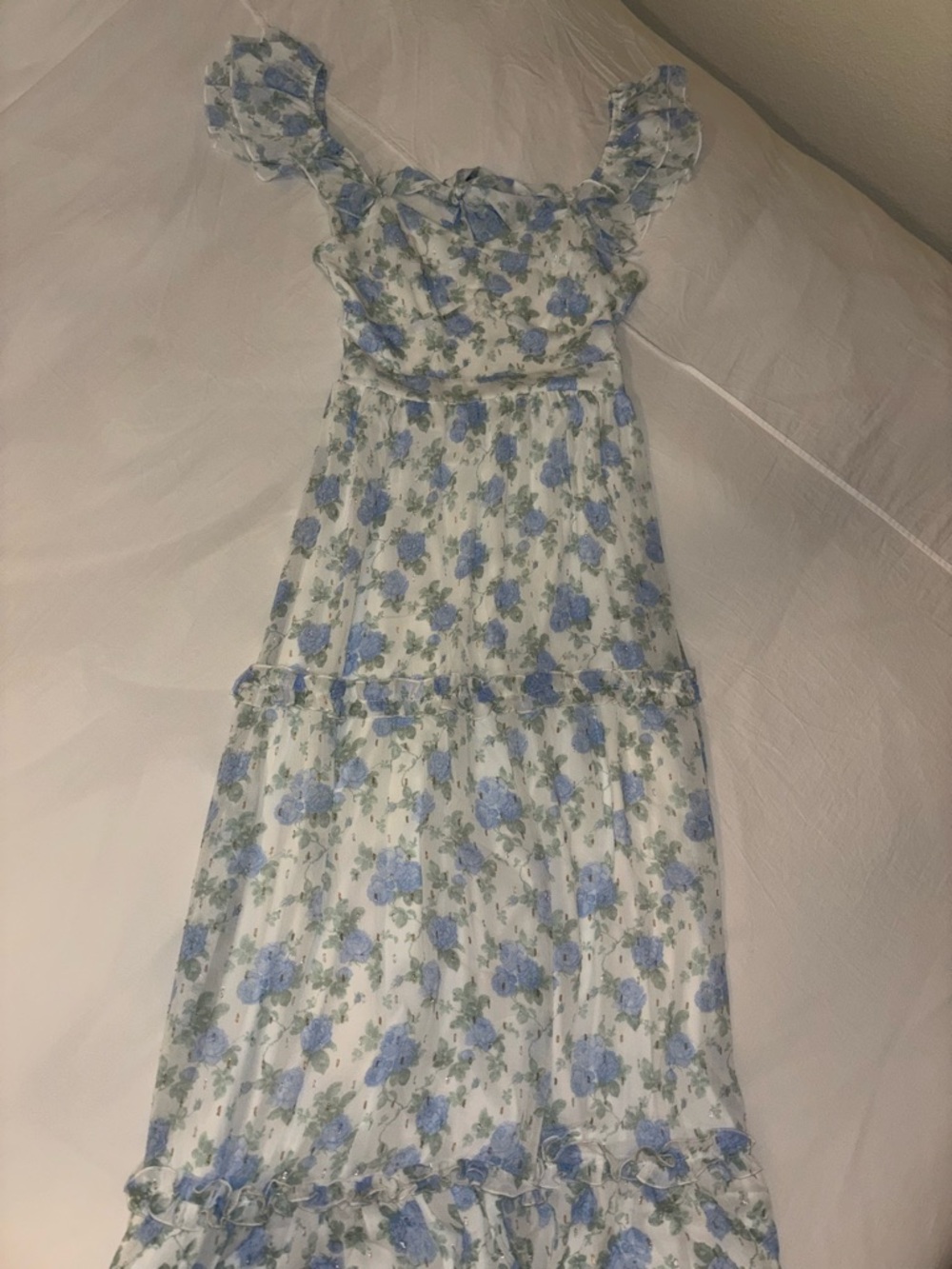 Altar'd State Blue and Cream Floral Ruffle Midi Dress - Picture 2 of 6